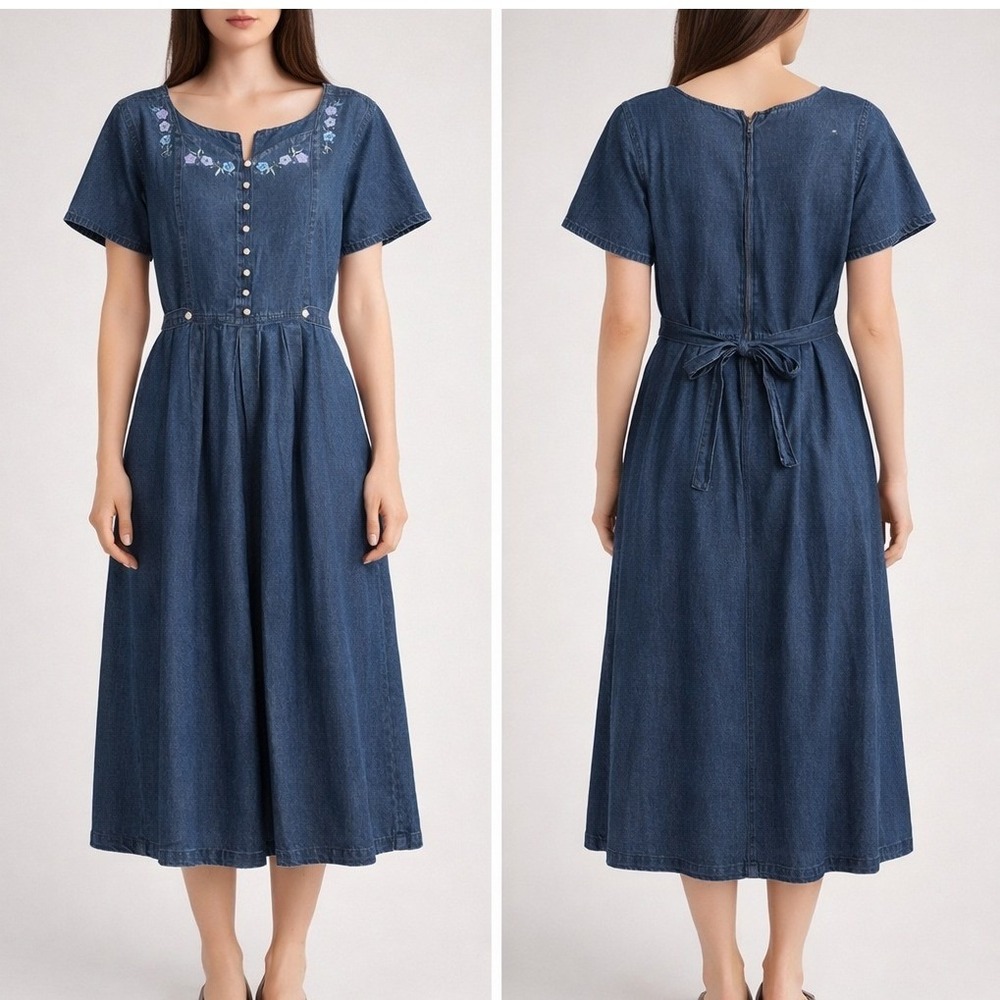 Vintage Cottagecore Denim Dress‎ Embroidered Floral Waist Tie Prairie Style M